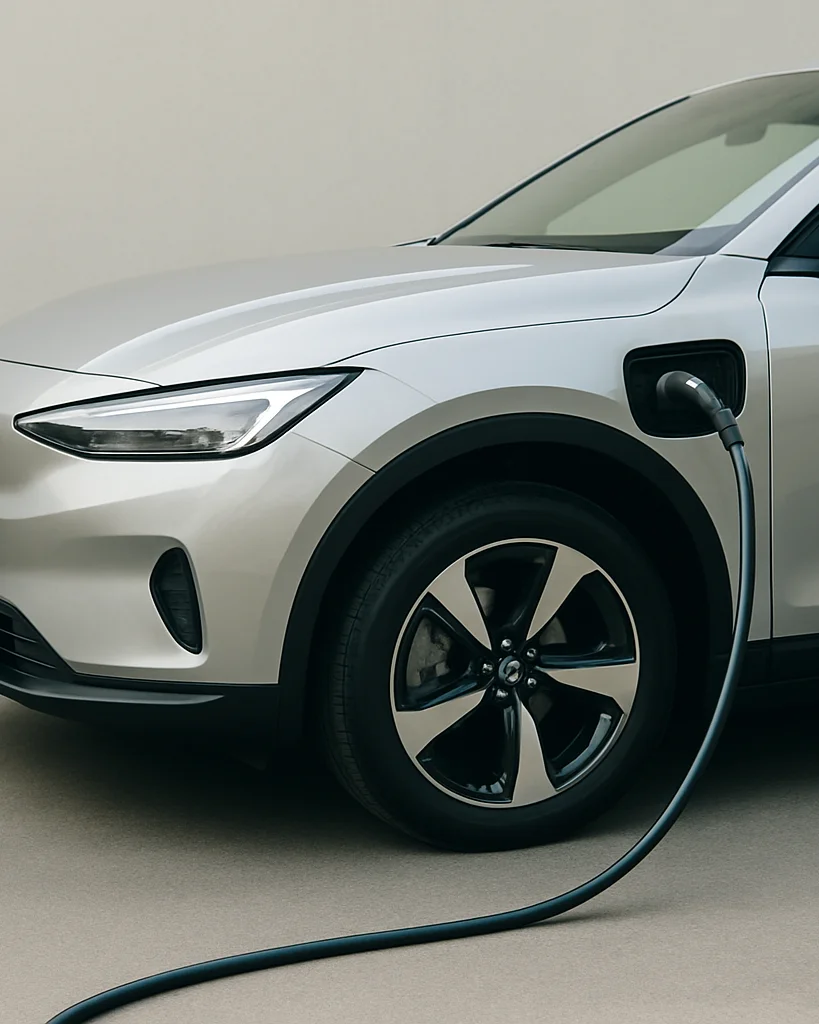 Editorial automotive photograph of an electric car parked in soft natural daylight, the charging port open and a clean c